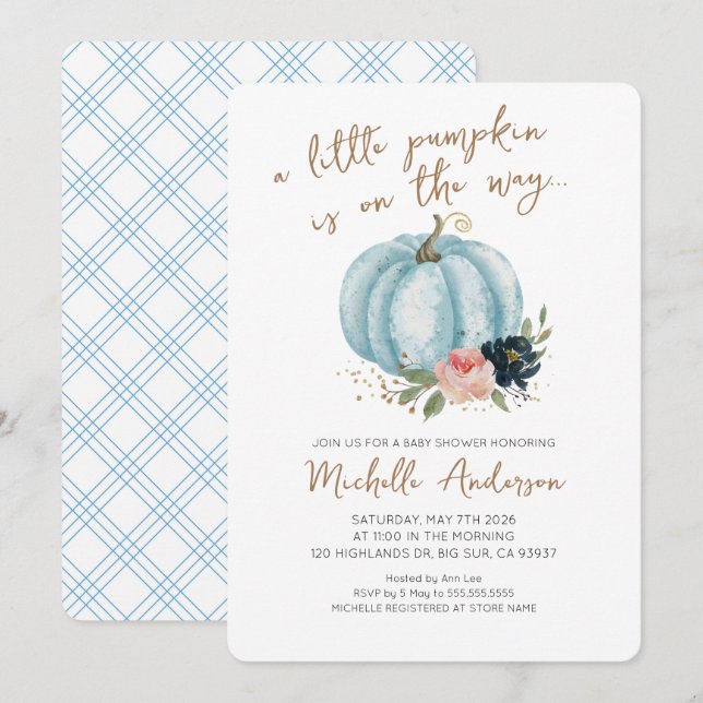 Invitación Ducha de bebé Little Pumpkin Is On The Way (Anverso / Reverso)