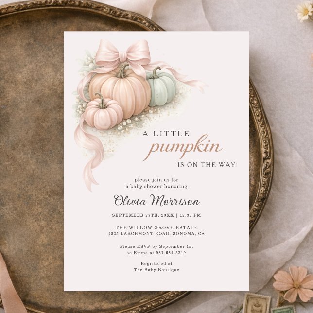 Invitación Ducha de bebé Little Pumpkin Pink Bow (Subido por el creador)