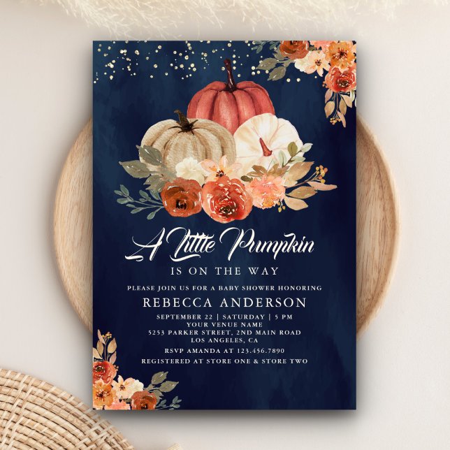 Invitación Ducha de bebé Little Pumpkin Rustic Navy Terracott (Subido por el creador)