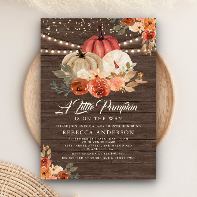 Invitación Ducha de bebé Little Pumpkin Rustic Wood Terracott (Subido por el creador)