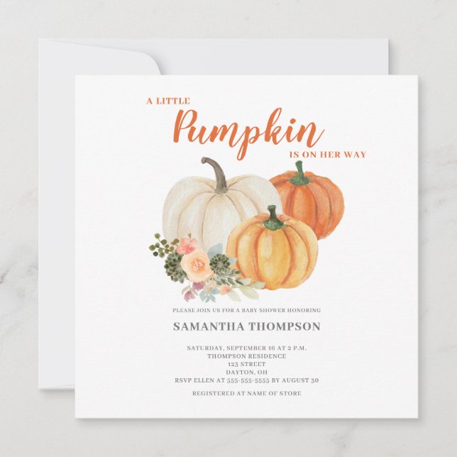 Invitación Ducha de bebé Little Pumpkin sin distinción de gén (Anverso)