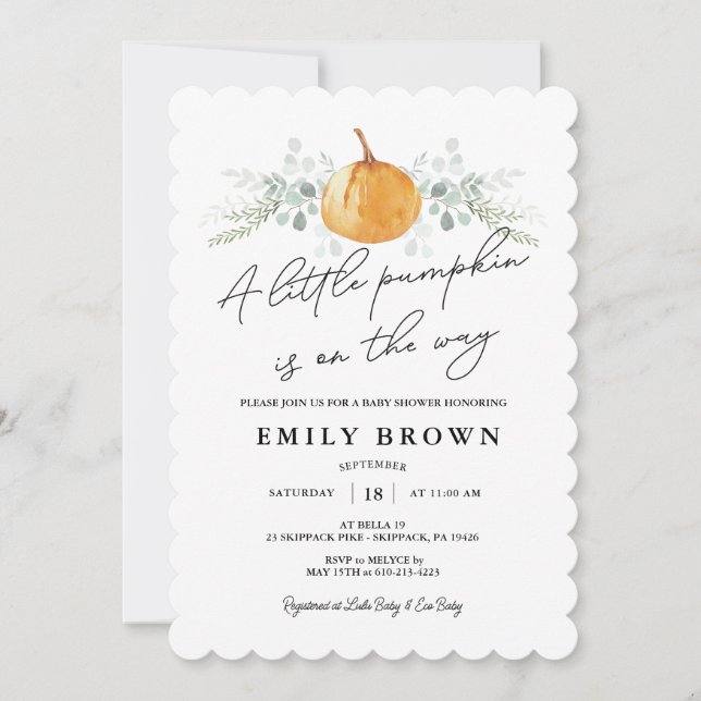 Invitación Ducha de bebé Little Pumpkin sin género (Anverso)