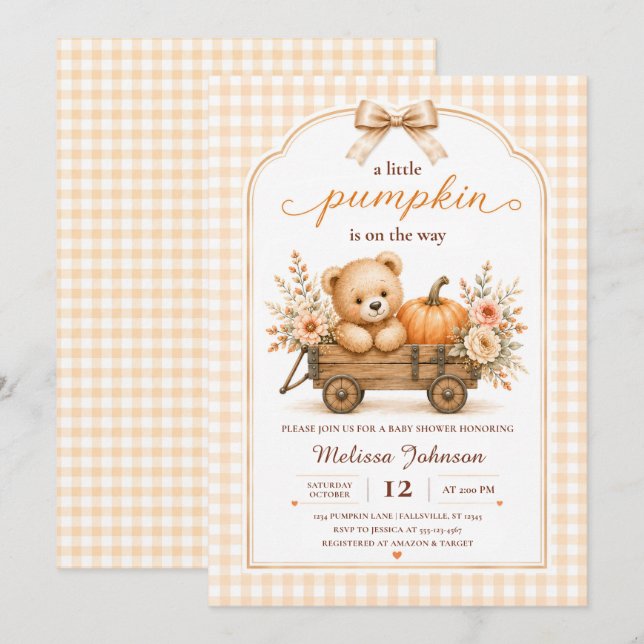 Invitación Ducha de bebé Little Pumpkin Teddy Wagon (Anverso / Reverso)