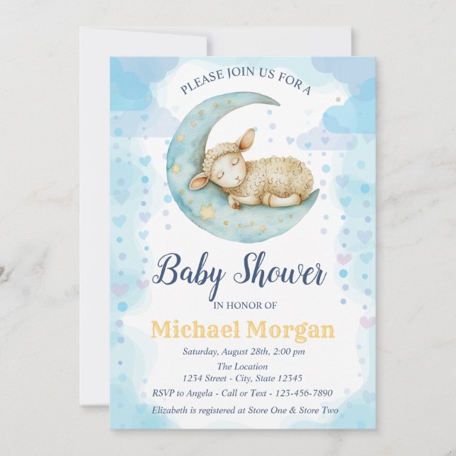 Invitación Ducha de bebé Little Sheep Moon Hearts Blue (Anverso)