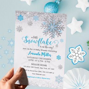 Invitación Ducha de bebé Little Snow Flake azul plateado bril
