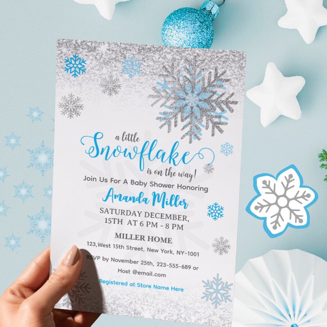 Invitación Ducha de bebé Little Snow Flake azul plateado bril (Subido por el creador)