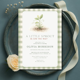 Invitación Ducha de bebé Little Sprout Gingham Verde Salvia