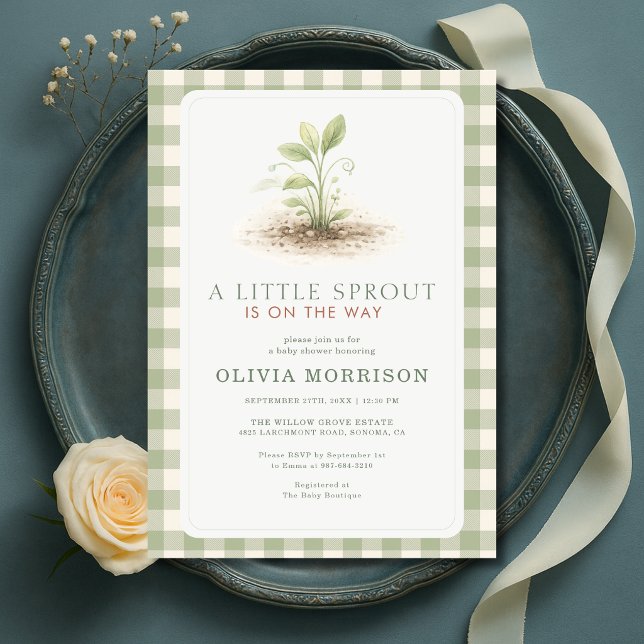 Invitación Ducha de bebé Little Sprout Gingham Verde Salvia (Subido por el creador)