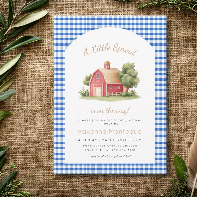 Invitación Ducha de bebé Little Sprout Granero Rojo Gingham A (Subido por el creador)