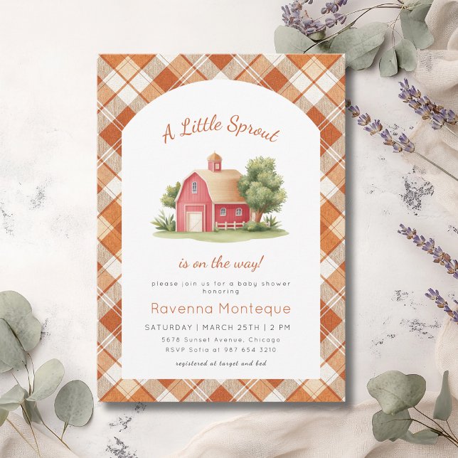 Invitación Ducha de bebé Little Sprout Granero Rojo Gingham N (Subido por el creador)