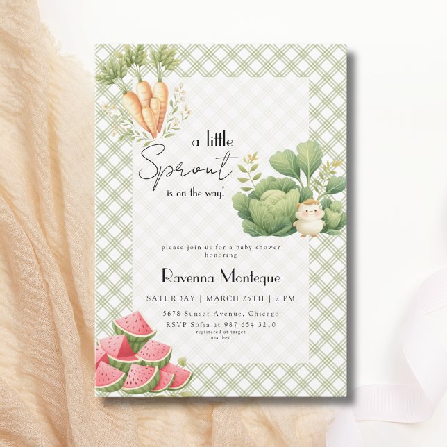 Invitación Ducha de bebé Little Sprout Green Gingham Veggie (Subido por el creador)