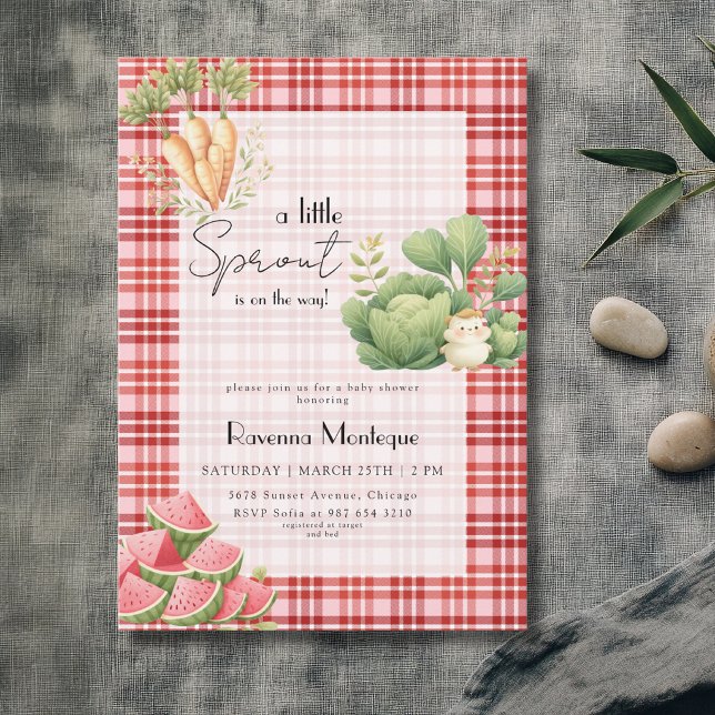 Invitación Ducha de bebé Little Sprout Red Gingham Veggie (Subido por el creador)
