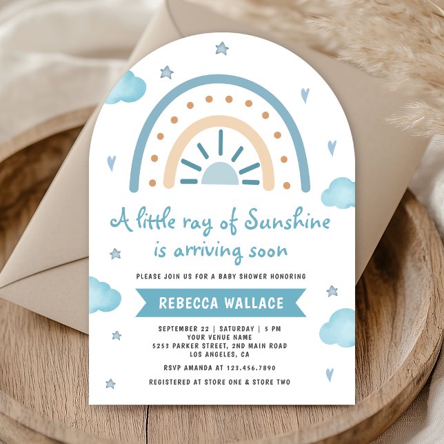Invitación Ducha de bebé Little Sunshine Blue Boho Arcoíris (Subido por el creador)
