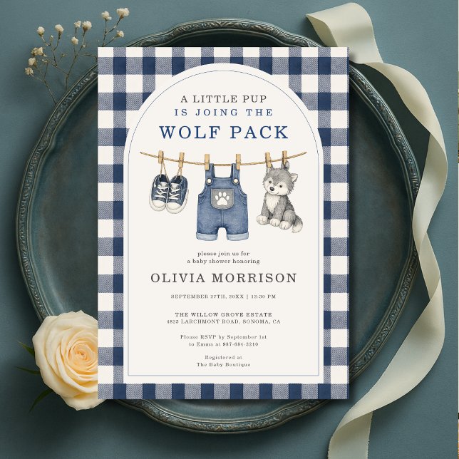 Invitación Ducha de bebé Little Wolf Gingham Clothesline (Subido por el creador)