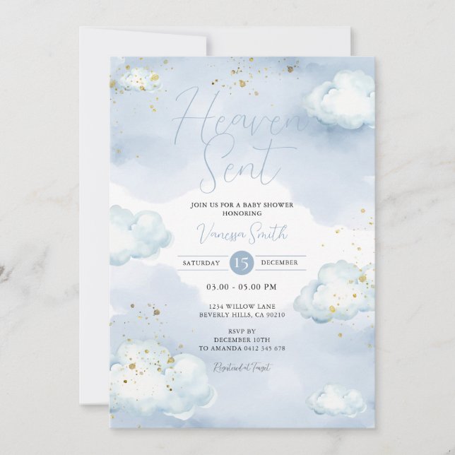 Invitación Ducha de bebé Lluvia de purpurina del cielo (Anverso)
