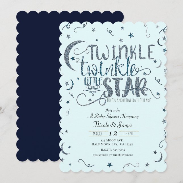 Invitación Ducha de Bebé Lucero Brillante con Brillo Azul (Anverso / Reverso)