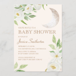 Invitación Ducha de Bebé Luna Blanca Floral Hojas Verdes