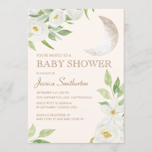 Invitación Ducha de Bebé Luna Blanca Floral Hojas Verdes