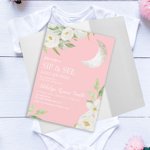 Invitación Ducha de Bebé Luna Blanca Floral Rosa Sip See