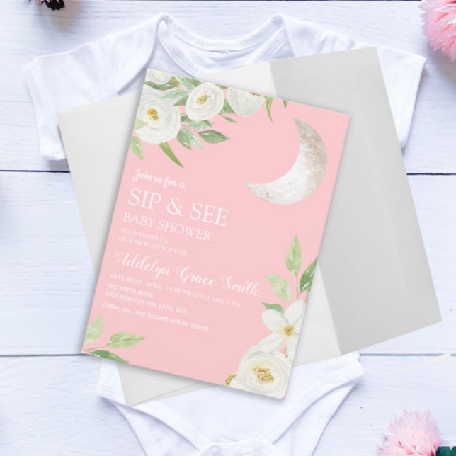 Invitación Ducha de Bebé Luna Blanca Floral Rosa Sip See (Subido por el creador)