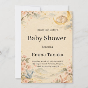 Invitación Ducha de Bebé Luna de Flor de Cerezo Bunny Durmien