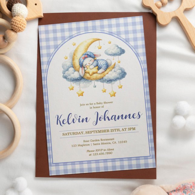 Invitación Ducha de bebé Luna Estrella Gingham Azul Niño Cone (Subido por el creador)