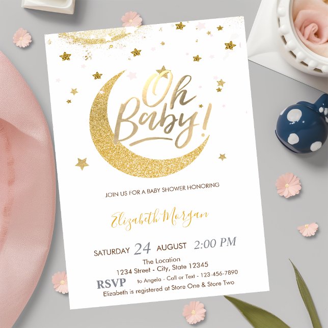 Invitación Ducha de bebé Luna Estrellas Brillo Dorado (Subido por el creador)
