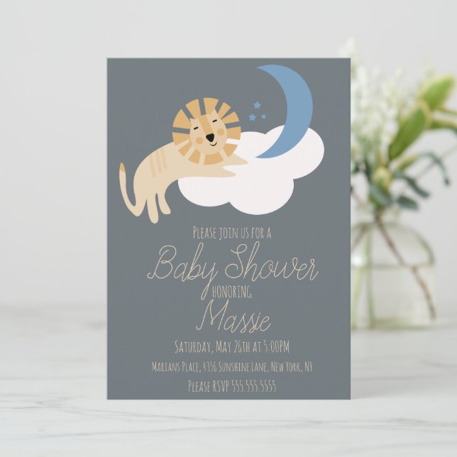 Invitación Ducha de Bebé Luna Nube León Adorable (Anverso de pie)