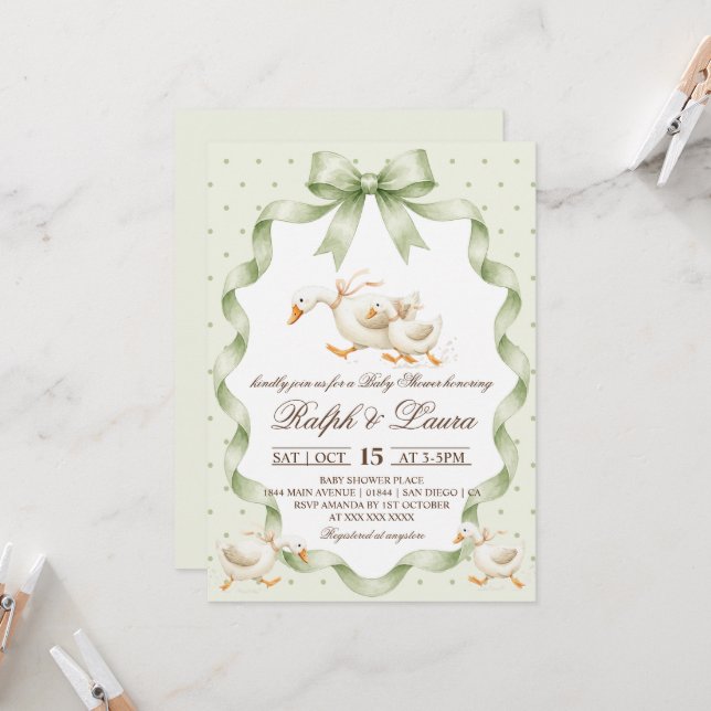 Invitación Ducha de Bebé Lunares Verde Ganso (Anverso/Reverso In Situ)