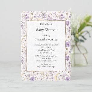 Invitación Ducha de Bebé Lunas Estrellas y Flores Purpúreas