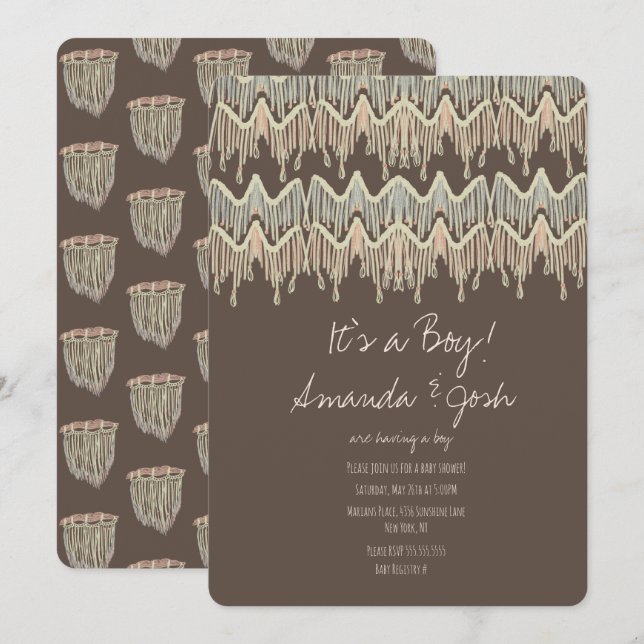 Invitación Ducha de Bebé Macramé Colgante Rústico Boho Cuerda (Anverso / Reverso)