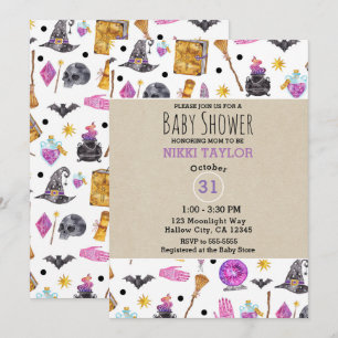 Invitación Ducha de bebé mágica de Halloween con acuarelas ca