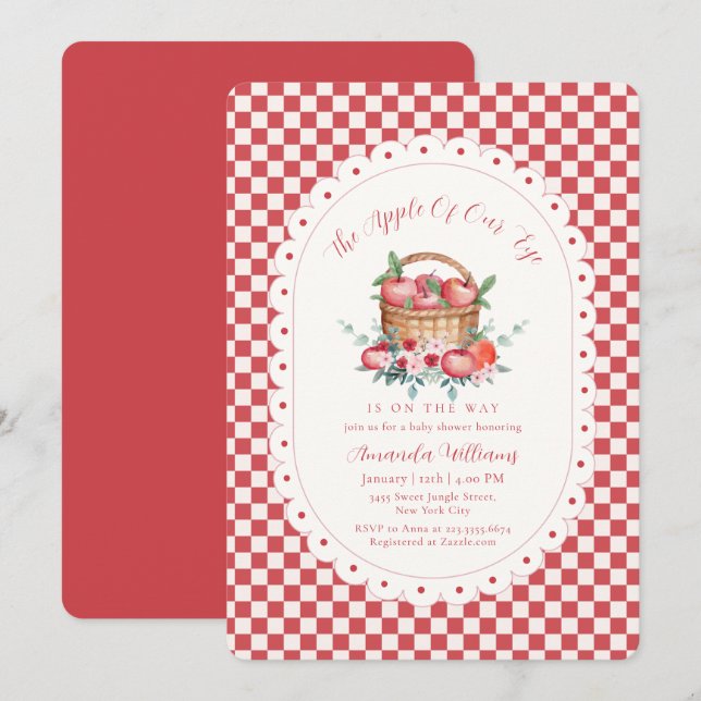 Invitación Ducha de bebé Manzana de Nuestros Ojos con Gingham (Anverso / Reverso)