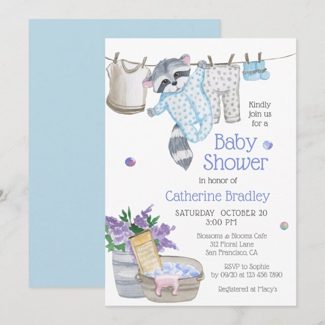 Invitación Ducha de bebé Mapache Lindo Día de Lavar (Anverso / Reverso)