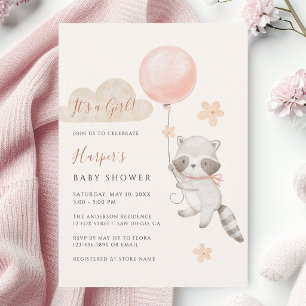 Invitación Ducha de Bebé Mapache Lindo Globo Volador Acuarela