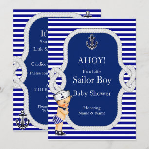 Invitación Ducha de bebé Marinero Niño Azul Raya Rubio
