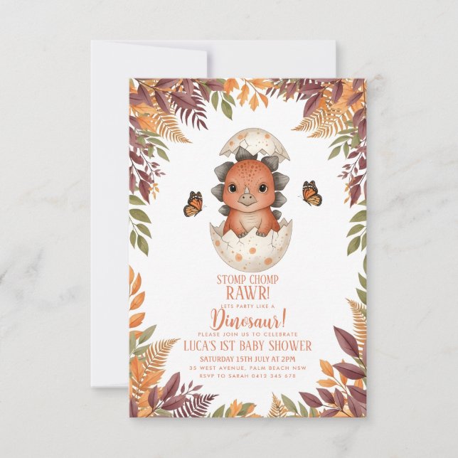 Invitación ducha de bebé mariposa acuarela Dinosaurio (Anverso)