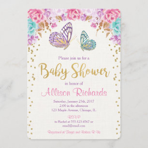 Invitación Ducha de bebé mariposa, chica de oro púrpura rosa