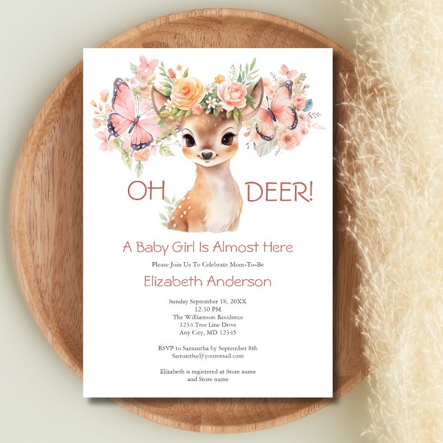 Invitación Ducha de Bebé Mariposa Ciervo Rosa Floral (Baby Deer Butterflies Watercolor Pink Florals Baby Shower Invitation Woodland animals.)