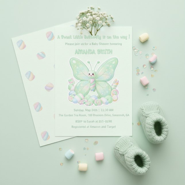 Invitación Ducha de Bebé Mariposa de Malvavisco Verde Menta (Mint Green Marshmallow Butterfly Baby Shower Invitation)