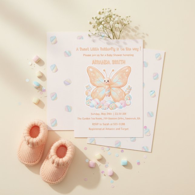 Invitación Ducha de Bebé Mariposa de Sorbete de Melocotón Dul (Peach Sorbet Butterfly Sweet Baby Shower Invitation)