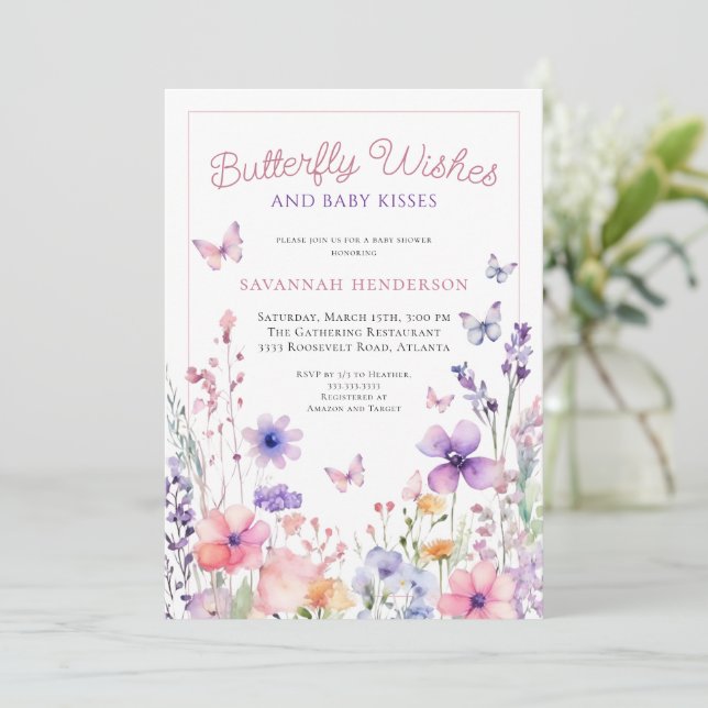 Invitación Ducha de bebé Mariposa Deseos Flor Silvestre (Anverso de pie)