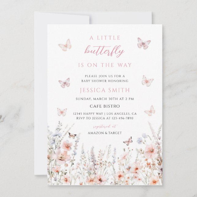 Invitación Ducha de Bebé Mariposa Flor Silvestre (Anverso)