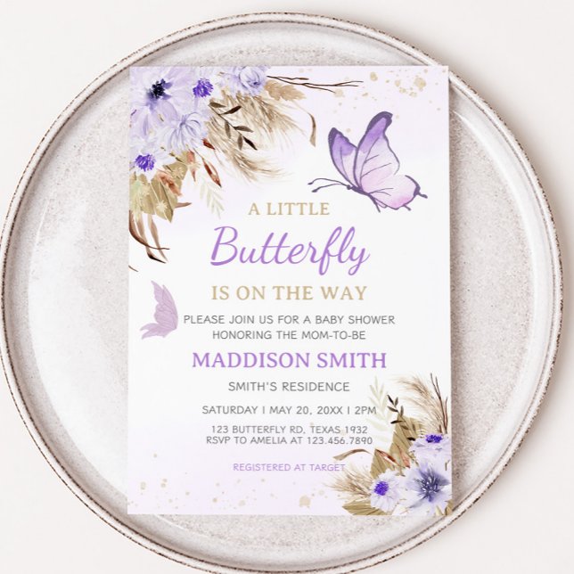 Invitación Ducha de Bebé Mariposa Floral (Purple Butterfly Baby Shower Invitation)