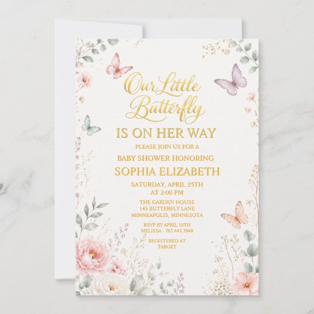 Invitación Ducha de Bebé Mariposa Floral Dorada (Anverso)