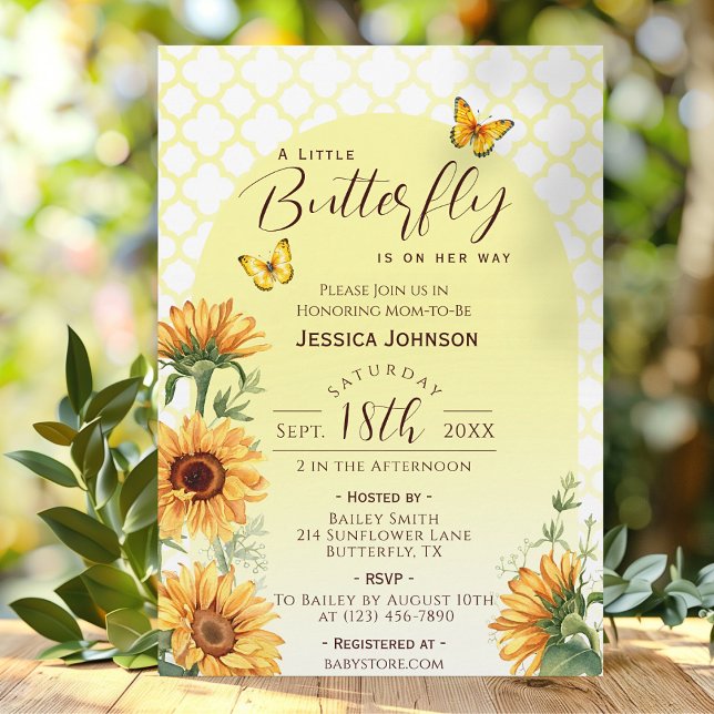 Invitación Ducha de Bebé Mariposa Girasol (Sunflower Yellow A Little Butterfly Baby Shower Invitation)