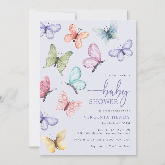 Invitación Ducha de Bebé Mariposa Lavanda (Anverso)