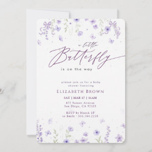 Invitación Ducha de bebé mariposa lazo floral lavanda