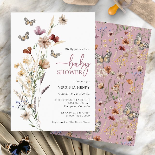 Invitación Ducha de Bebé Mariposa Rosa (Pink Boho Wildflower Butterfly Baby Shower Invitation by Painted Paperie)