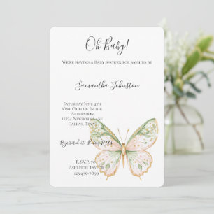 Invitación Ducha de bebé Mariposa Rosa Rubor Verde Menta Dora